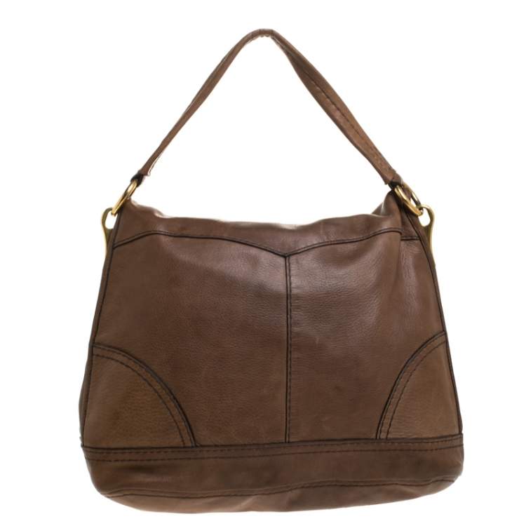 Pre Owned Prada Dark Brown Soft Leather Pushlock Hobo