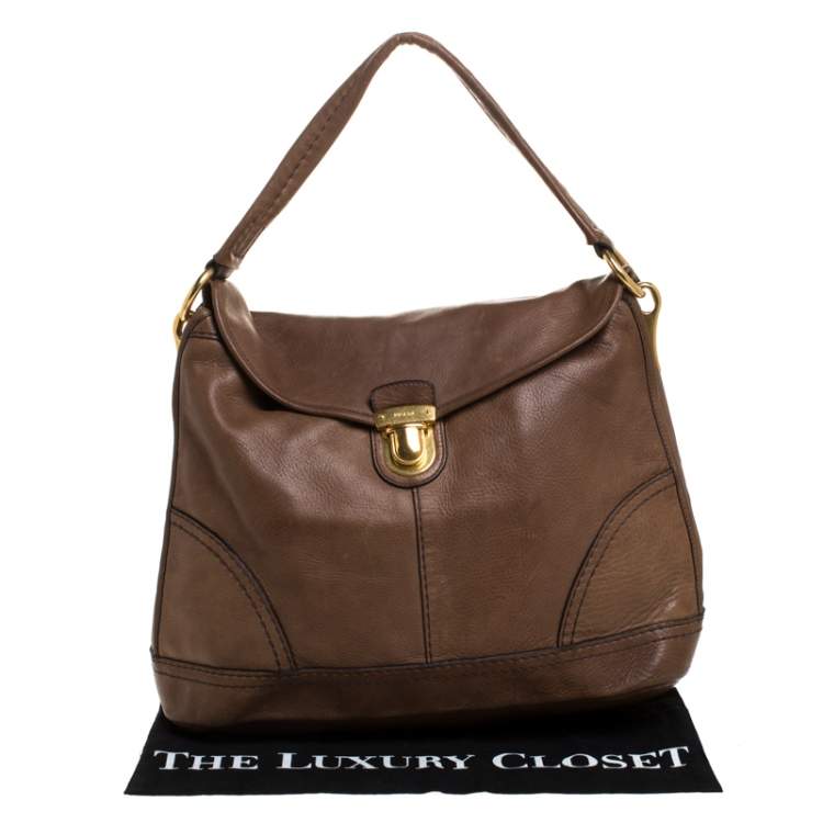 Pre Owned Prada Dark Brown Soft Leather Pushlock Hobo