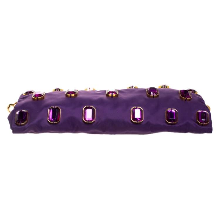 Pre Owned Prada Purple Satin Jeweled Chain Clutch