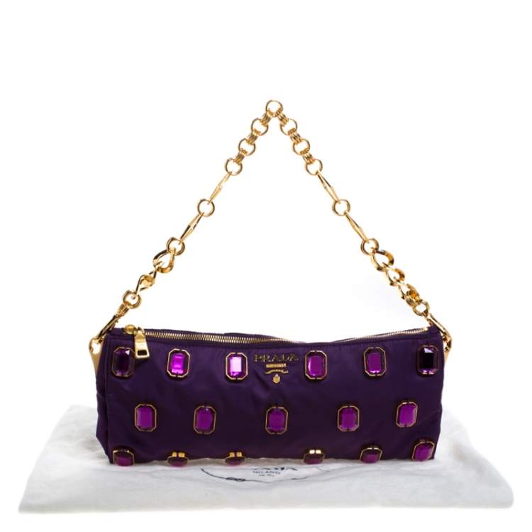 Pre Owned Prada Purple Satin Jeweled Chain Clutch