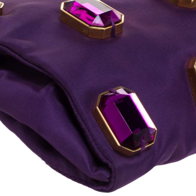 Pre Owned Prada Purple Satin Jeweled Chain Clutch