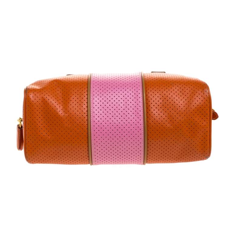 Pre Owned Prada Orange/Pink Perforated Leather Small Fori Striped Boston Bag