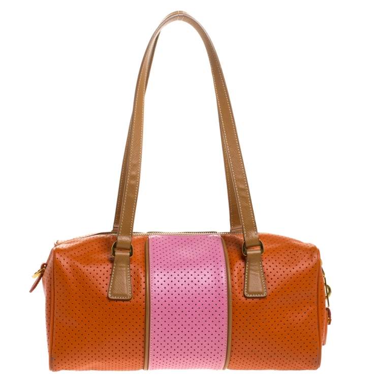 Pre Owned Prada Orange/Pink Perforated Leather Small Fori Striped Boston Bag