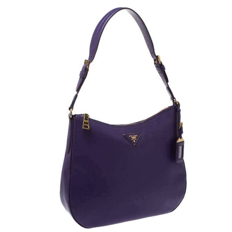Pre Owned Prada Purple Saffiano Lux Leather Zip Hobo