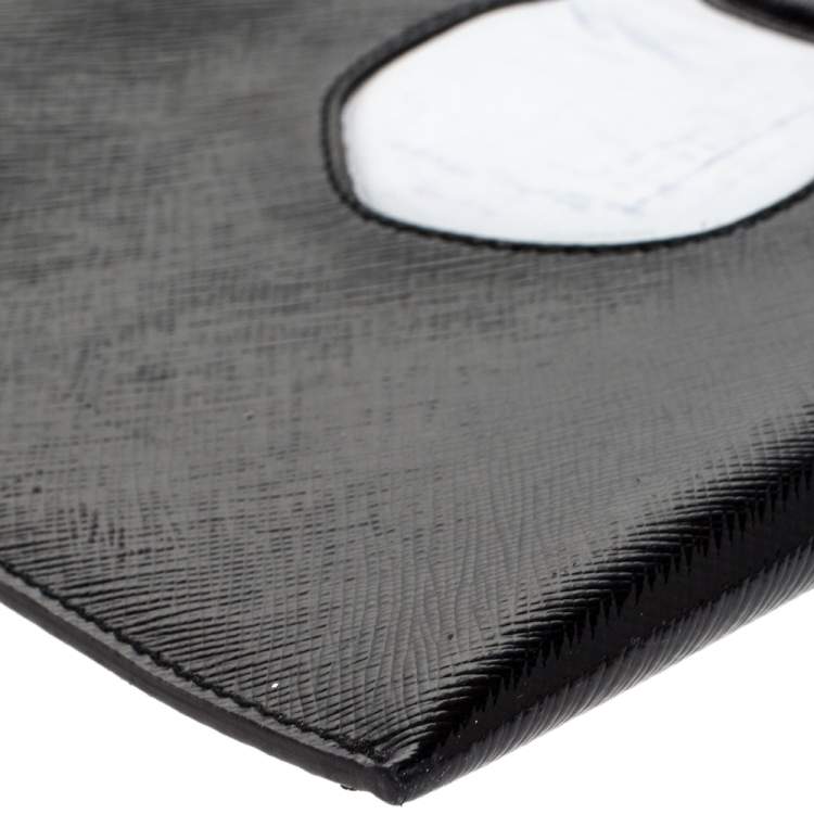 Pre Owned Prada Black Saffiano Vernice Flower Clutch