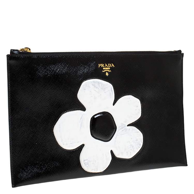 Pre Owned Prada Black Saffiano Vernice Flower Clutch