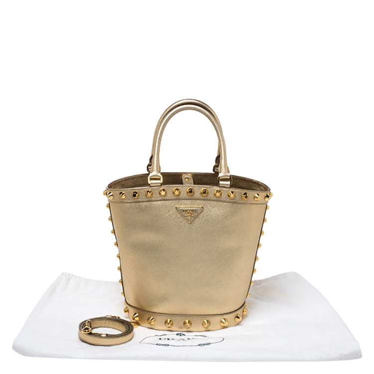 Pre Owned Prada Metallic Gold Saffiano Vernice Studded Bucket Bag