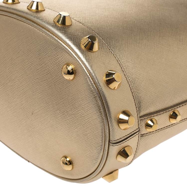 Pre Owned Prada Metallic Gold Saffiano Vernice Studded Bucket Bag