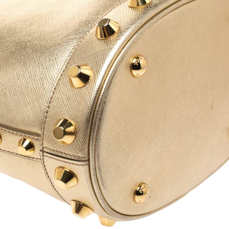 Pre Owned Prada Metallic Gold Saffiano Vernice Studded Bucket Bag