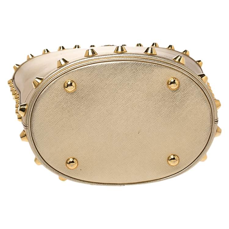 Pre Owned Prada Metallic Gold Saffiano Vernice Studded Bucket Bag