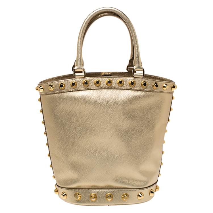 Pre Owned Prada Metallic Gold Saffiano Vernice Studded Bucket Bag