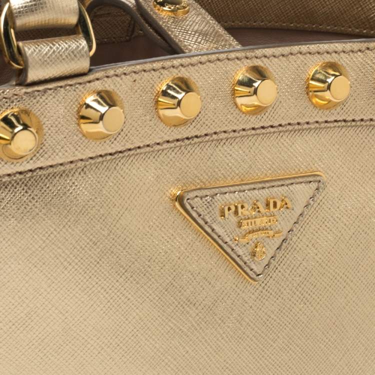 Pre Owned Prada Metallic Gold Saffiano Vernice Studded Bucket Bag