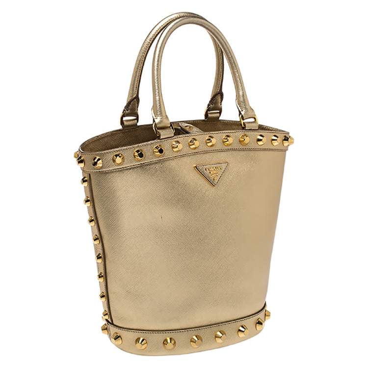 Pre Owned Prada Metallic Gold Saffiano Vernice Studded Bucket Bag