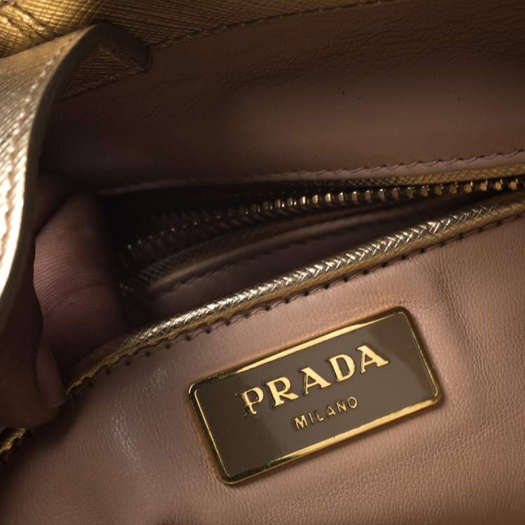 Pre Owned Prada Metallic Gold Saffiano Vernice Studded Bucket Bag