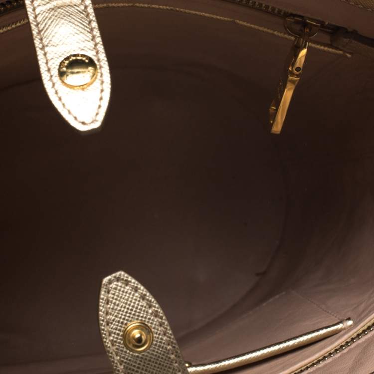 Pre Owned Prada Metallic Gold Saffiano Vernice Studded Bucket Bag