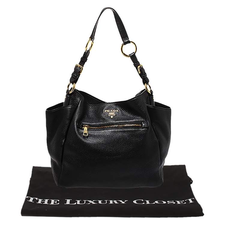 Pre Owned Prada Black Vitello Daino Leather Front Zip Hobo