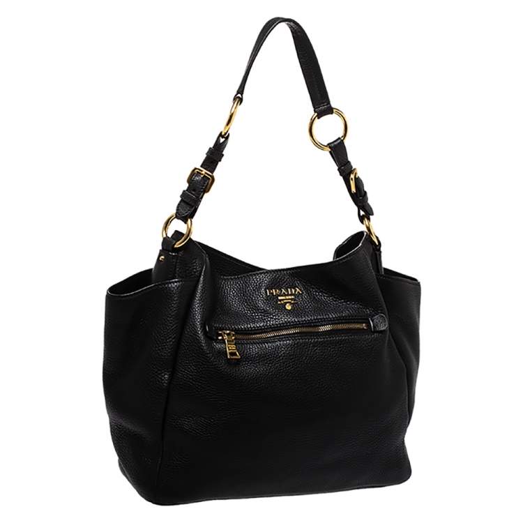 Pre Owned Prada Black Vitello Daino Leather Front Zip Hobo