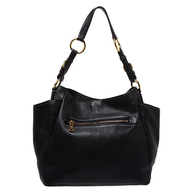 Pre Owned Prada Black Vitello Daino Leather Front Zip Hobo