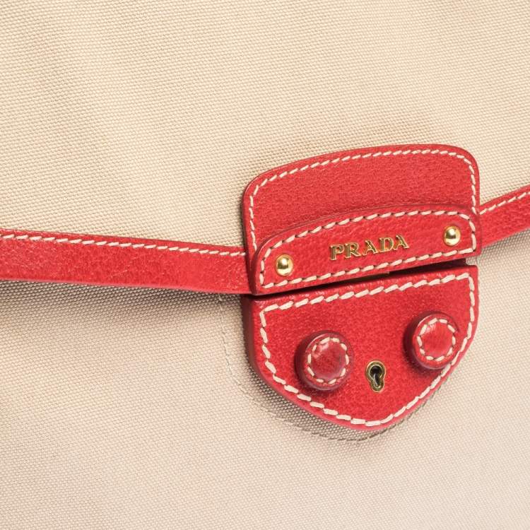 Pre Owned Prada Beige/Red canvas and Leather Cinghiale Top Handle Bag        