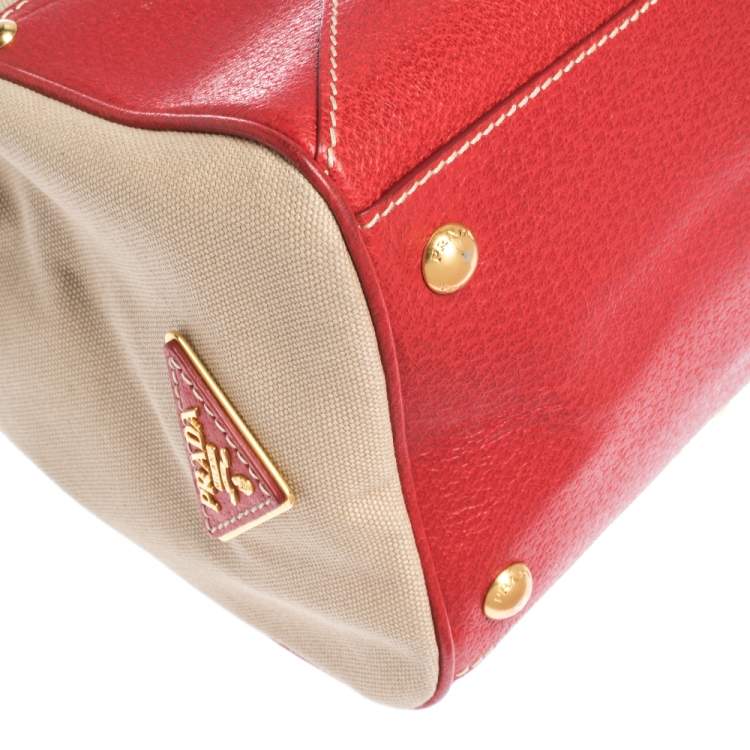 Pre Owned Prada Beige/Red canvas and Leather Cinghiale Top Handle Bag        