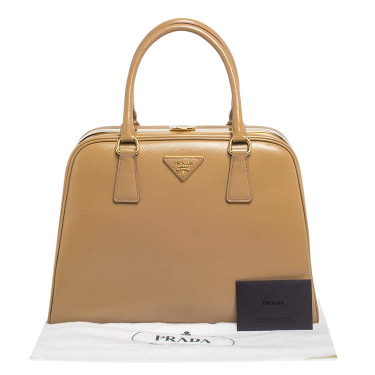 Pre Owned  Prada Beige Saffiano Venice Leather Pyramid Frame Top Handle Bag 