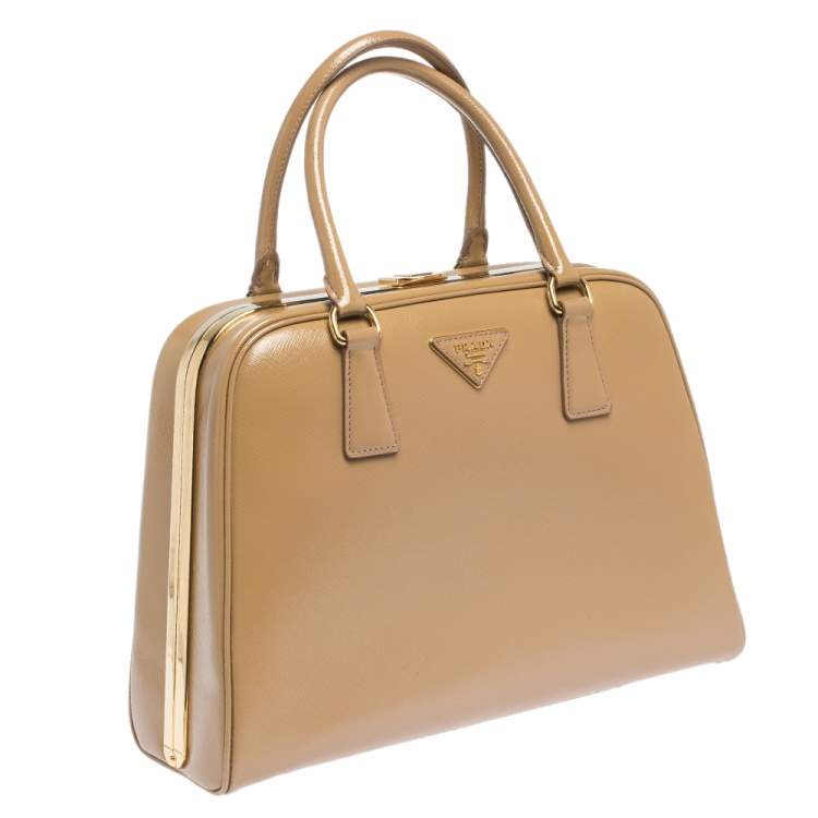 Pre Owned  Prada Beige Saffiano Venice Leather Pyramid Frame Top Handle Bag 