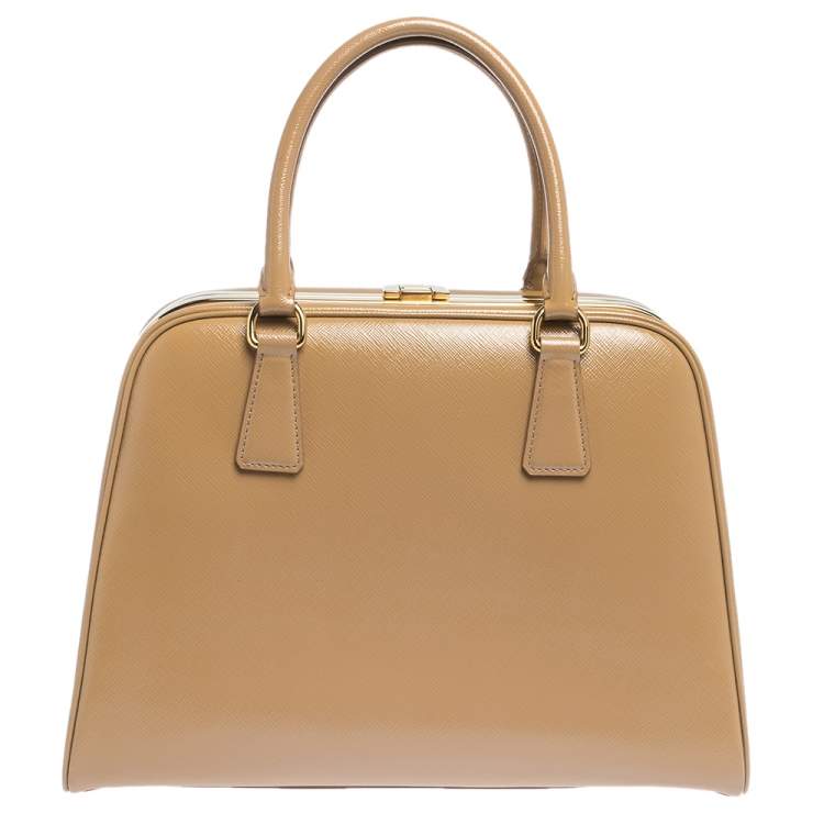 Pre Owned  Prada Beige Saffiano Venice Leather Pyramid Frame Top Handle Bag 