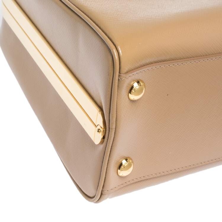Pre Owned  Prada Beige Saffiano Venice Leather Pyramid Frame Top Handle Bag 
