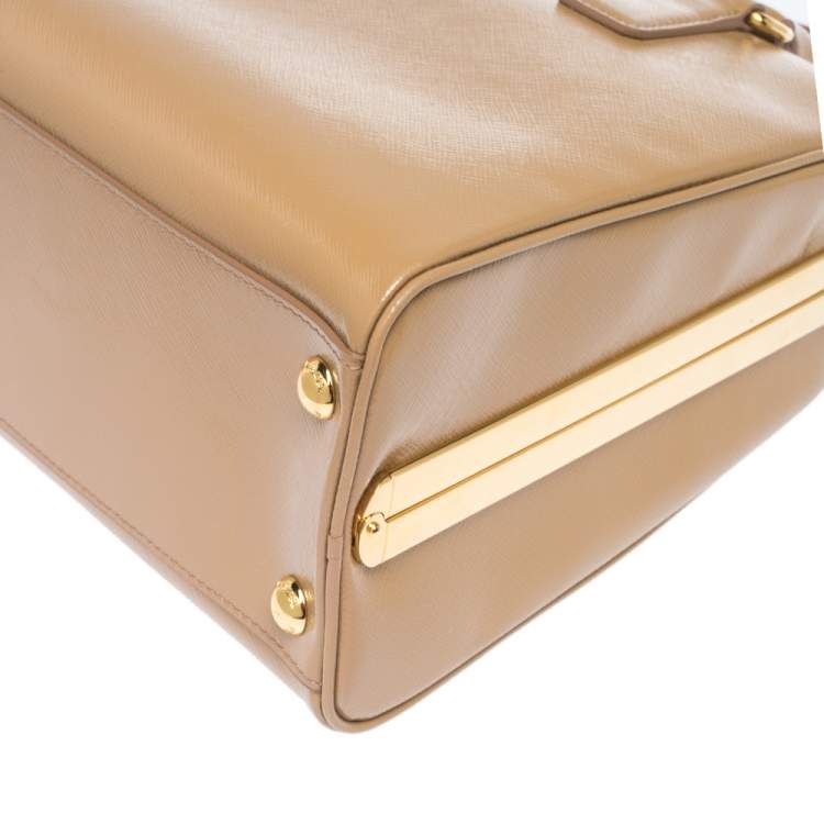 Pre Owned  Prada Beige Saffiano Venice Leather Pyramid Frame Top Handle Bag 