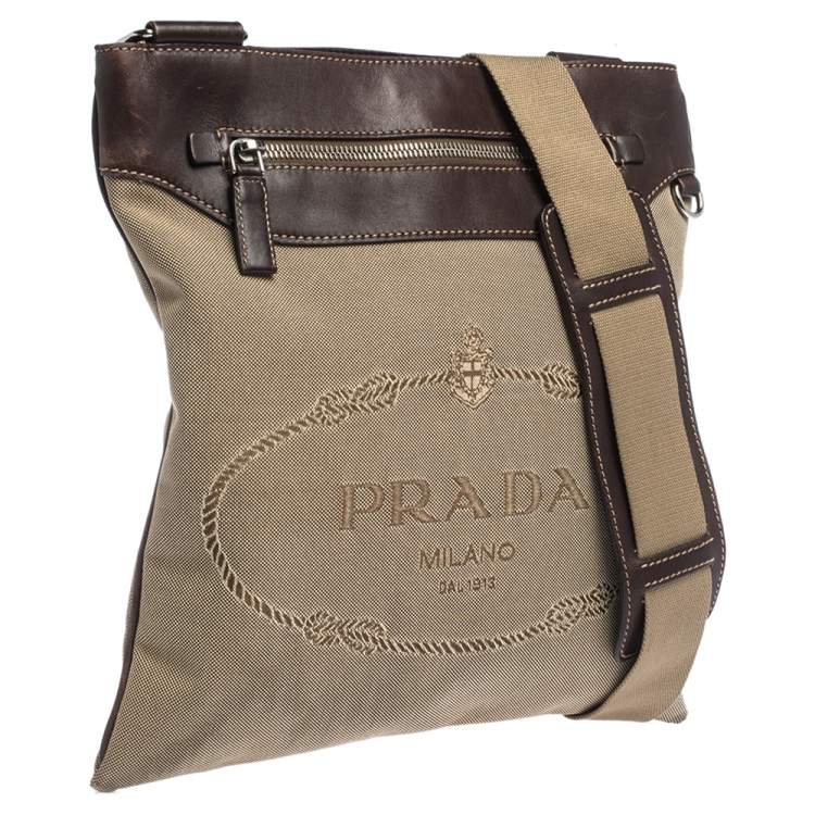 Pre Owned Prada Beige/Brown Logo Jacquard Fabric and Leather Messenger Bag
