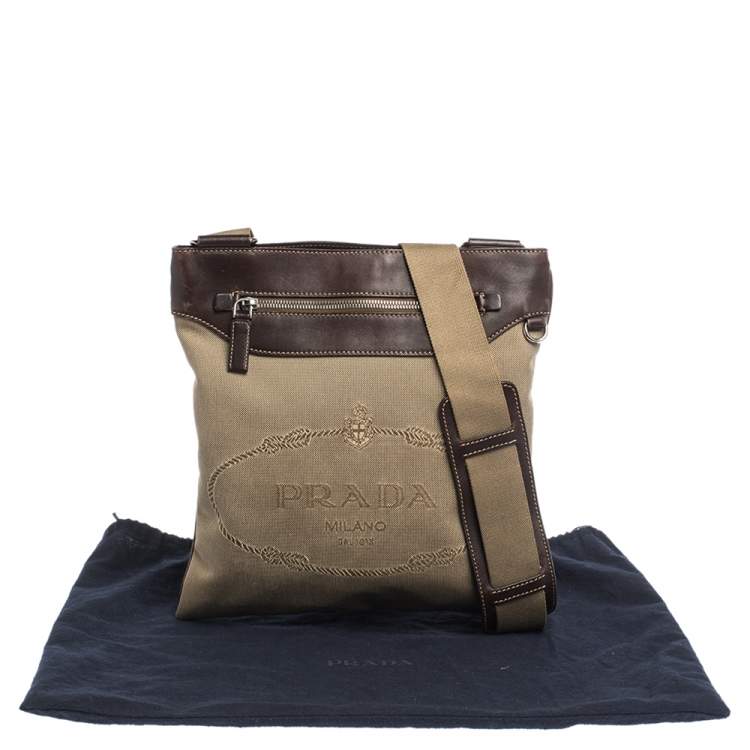 Pre Owned Prada Beige/Brown Logo Jacquard Fabric and Leather Messenger Bag