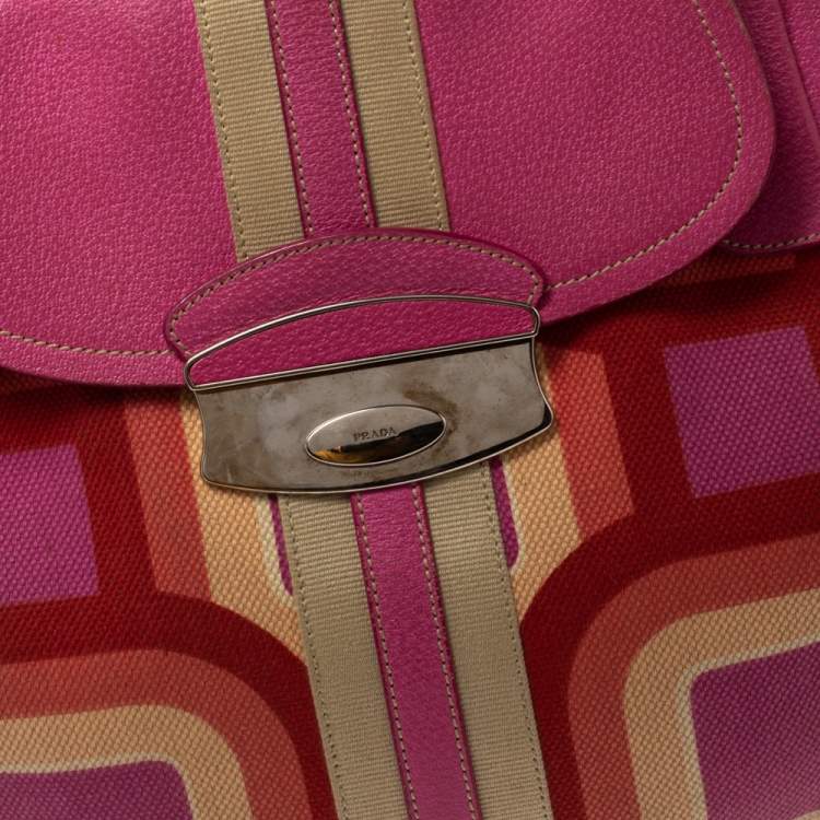 Pre Owned Prada Multicolor Printed Canvas and Leather Flap Hobo