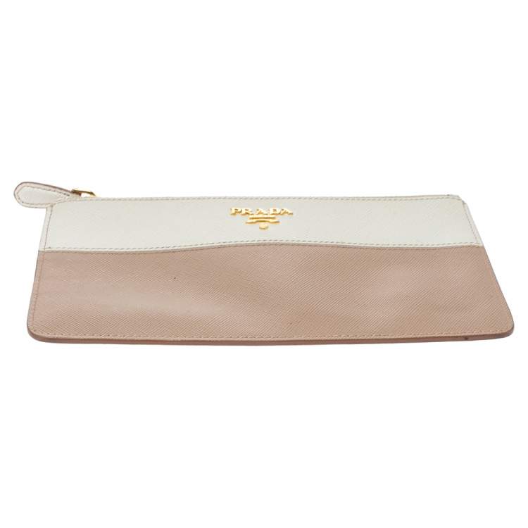 Pre Owned Prada Beige/Cream Saffiano Lux Leather Zip Pouch