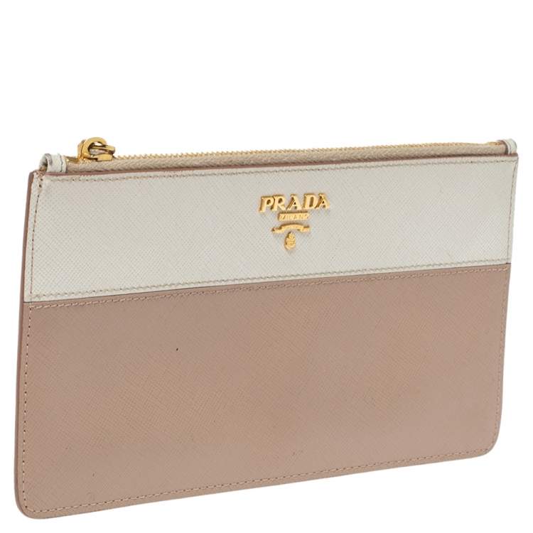 Pre Owned Prada Beige/Cream Saffiano Lux Leather Zip Pouch