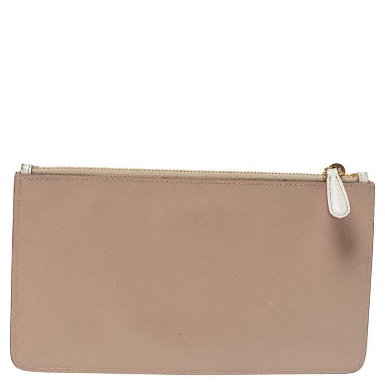 Pre Owned Prada Beige/Cream Saffiano Lux Leather Zip Pouch