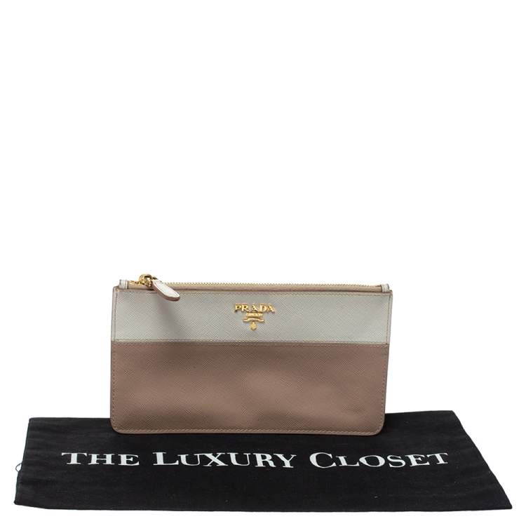 Pre Owned Prada Beige/Cream Saffiano Lux Leather Zip Pouch