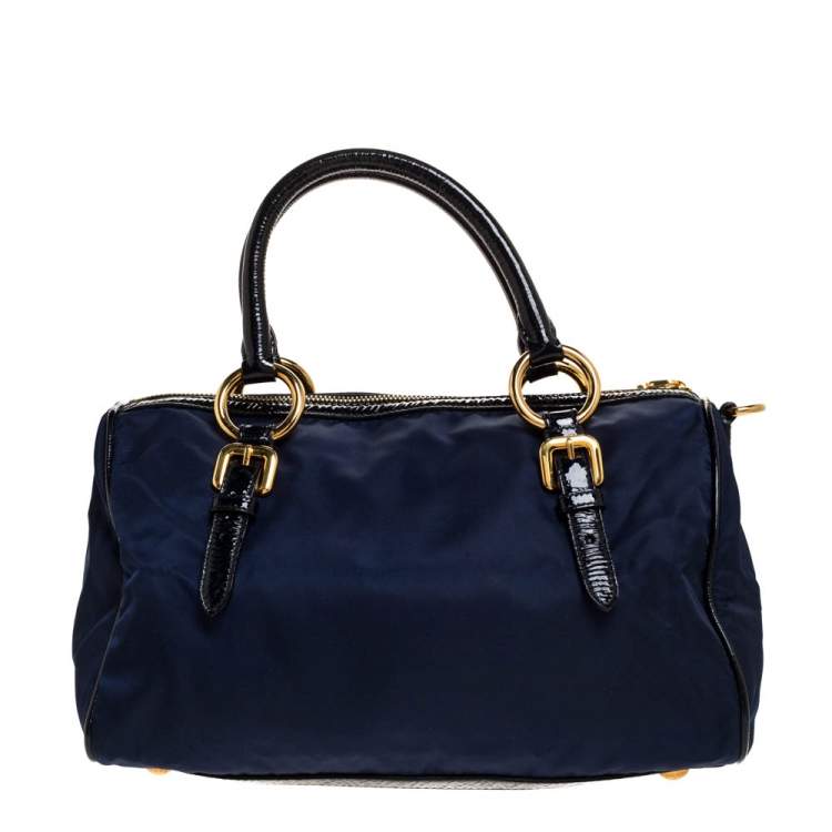 Pre Owned Prada Blue/Black Nylon and Patent Leather Jewel Embellished Boston Bag