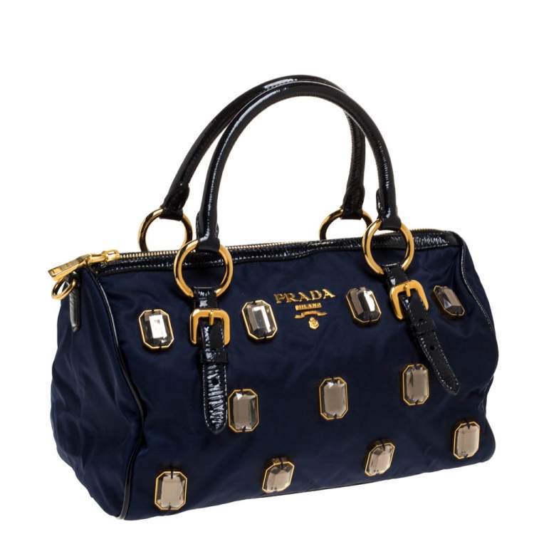 Pre Owned Prada Blue/Black Nylon and Patent Leather Jewel Embellished Boston Bag