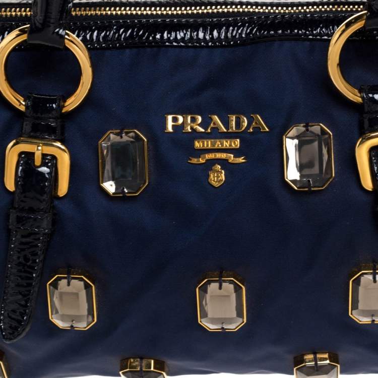 Pre Owned Prada Blue/Black Nylon and Patent Leather Jewel Embellished Boston Bag