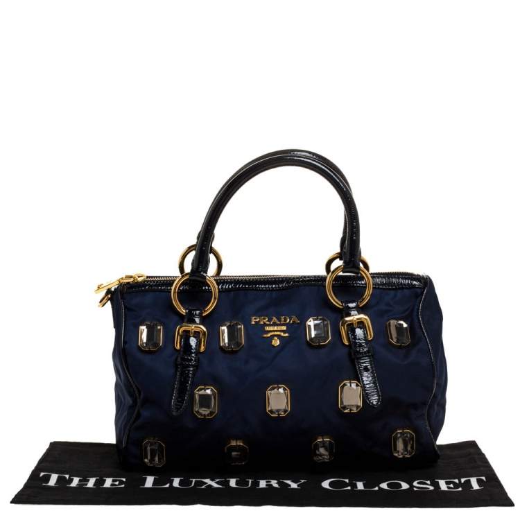Pre Owned Prada Blue/Black Nylon and Patent Leather Jewel Embellished Boston Bag