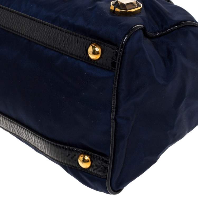 Pre Owned Prada Blue/Black Nylon and Patent Leather Jewel Embellished Boston Bag