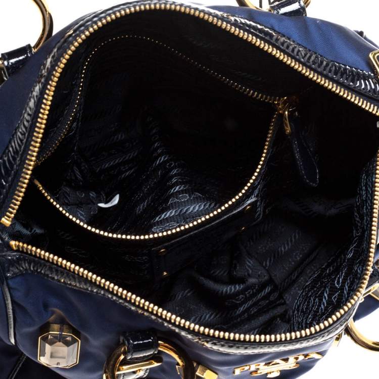 Pre Owned Prada Blue/Black Nylon and Patent Leather Jewel Embellished Boston Bag