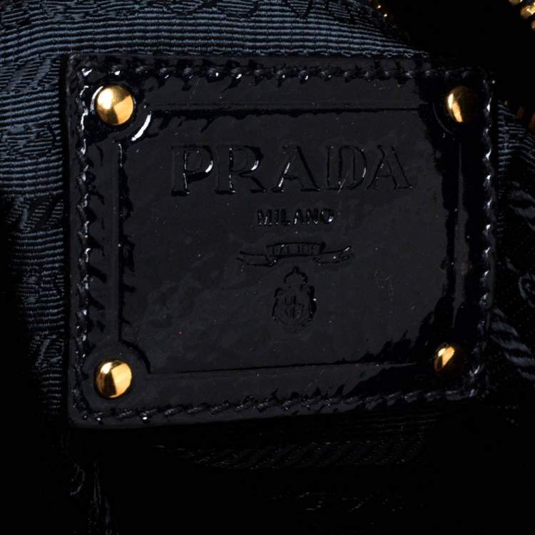 Pre Owned Prada Blue/Black Nylon and Patent Leather Jewel Embellished Boston Bag