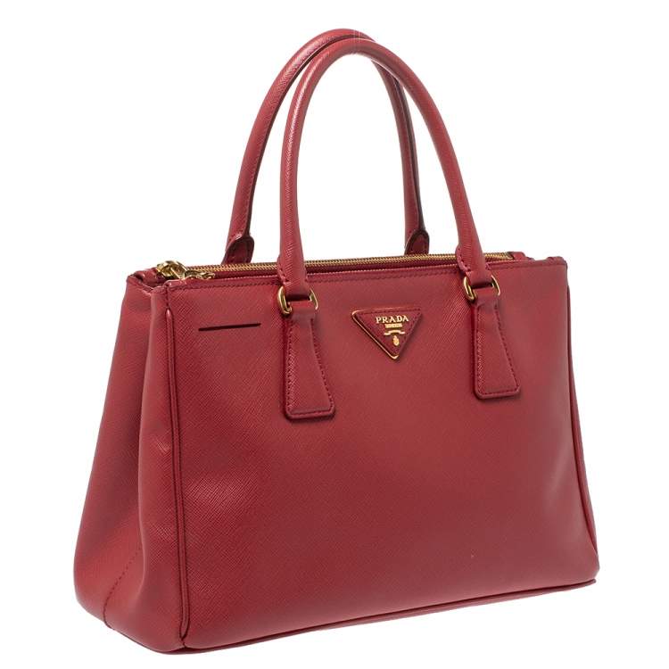 Pre Owned Prada Red Saffiano Lux Leather Small Galleria Double Zip Tote