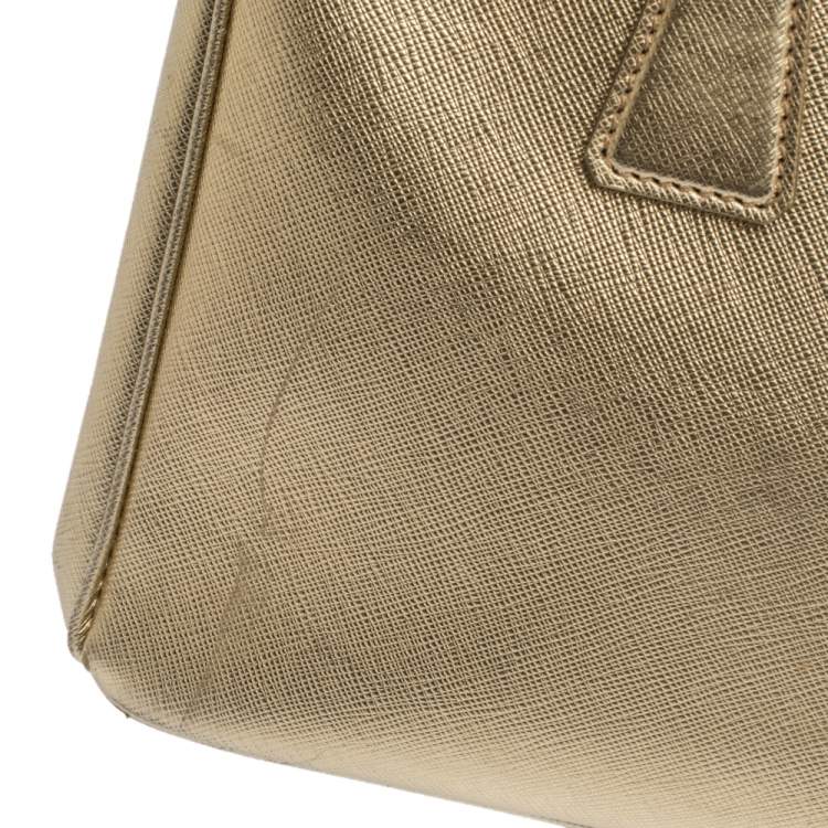 Pre Owned Prada Metallic Gold Saffiano Leather Small Galleria Double Zip Tote