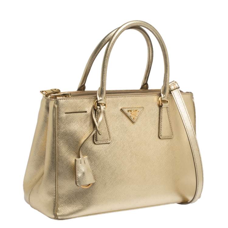Pre Owned Prada Metallic Gold Saffiano Leather Small Galleria Double Zip Tote