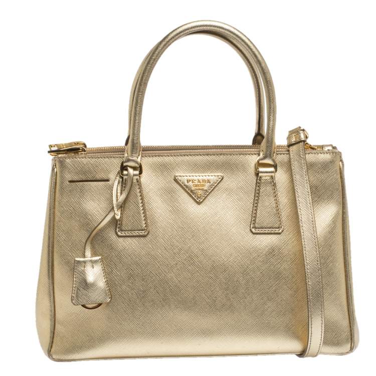 Pre Owned Prada Metallic Gold Saffiano Leather Small Galleria Double Zip Tote