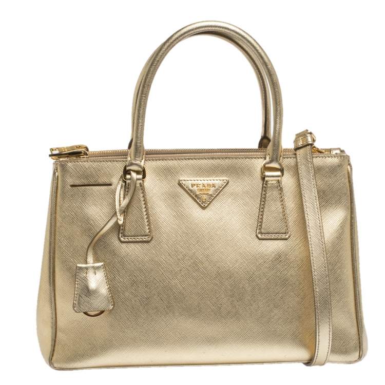 Prada Metallic Gold Saffiano Leather Small Galleria Double Zip Tote ...