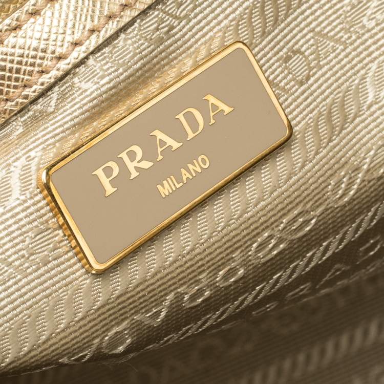 Pre Owned Prada Metallic Gold Saffiano Leather Small Galleria Double Zip Tote