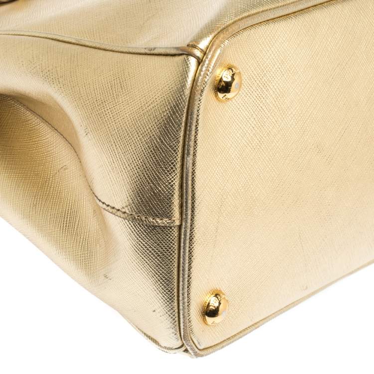 Pre Owned Prada Metallic Gold Saffiano Leather Small Galleria Double Zip Tote
